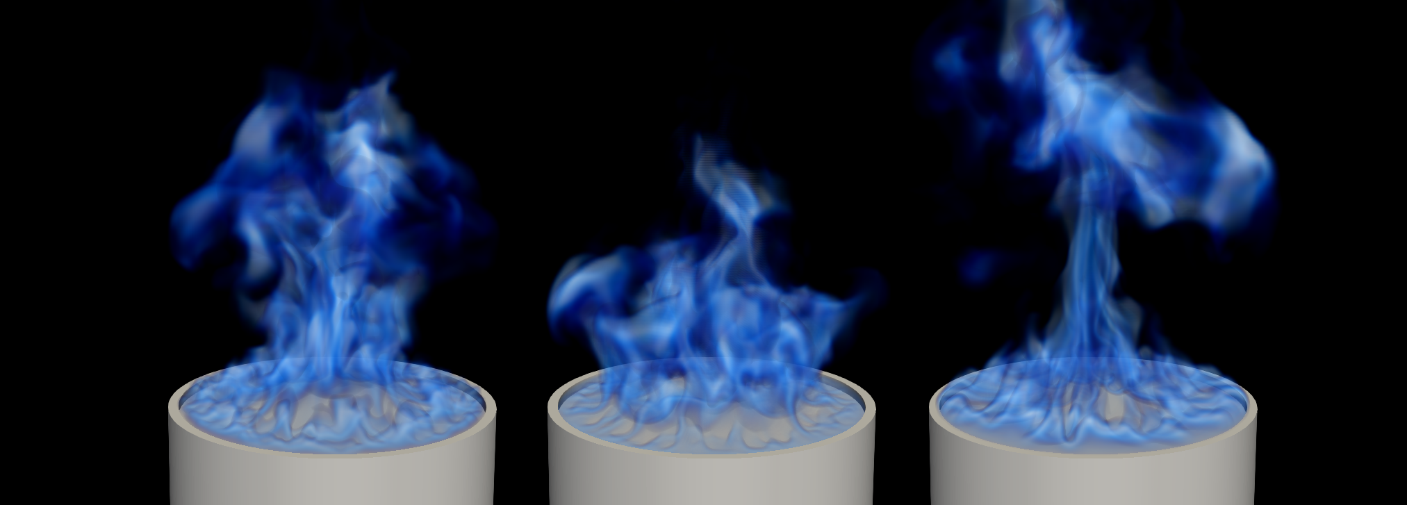 Instantaneous snapshots taken from a Large Eddy Simulation of a 30-cm diameter methanol pool fire. The flame is visualized using volume rendering of the high temperature region (defined as the region where temperatures are larger than 800 K). Credit: M. Ahmed &amp; A. Trouvé. 