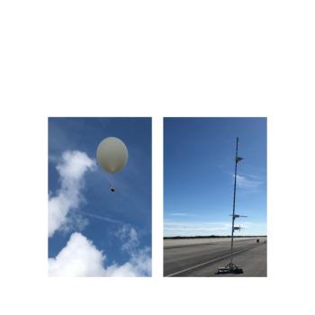Experimental setup of the RTD system under a weather balloon (left) and on a telescoping mast (right).